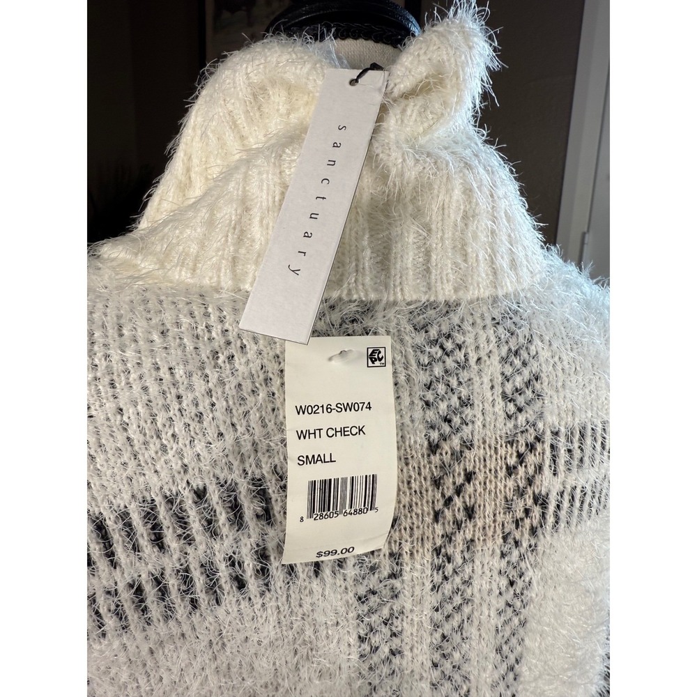 NWT Sanctuary White Check Plaid Fuzzy Knit Turtleneck Sweater Womens Small - Picture 6 of 9